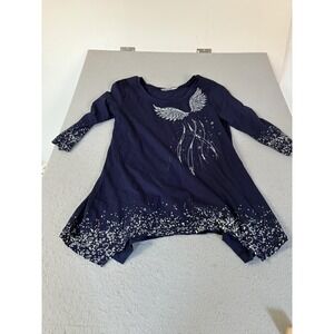Collections Etc Shirt Womens Large Navy Angel Wings Tunic Sharkbite Hem Sequins
